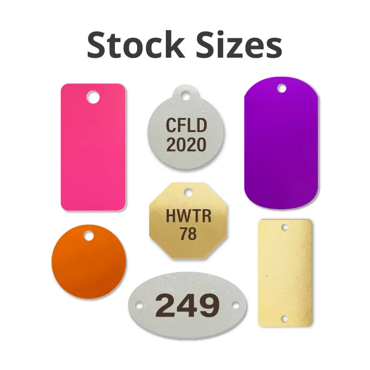 In-stock Sizes of Tags and Plates in Anodized Aluminum, Brass and Stainless Steel